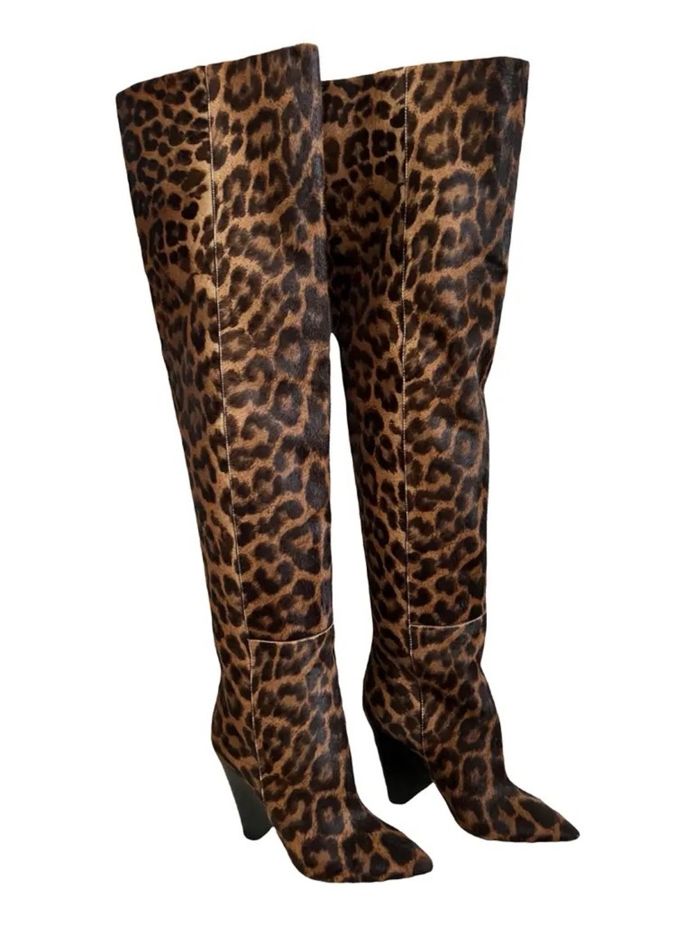 Saint Laurent Leopard-Print Over-the-Knee Boots in Brown and Black